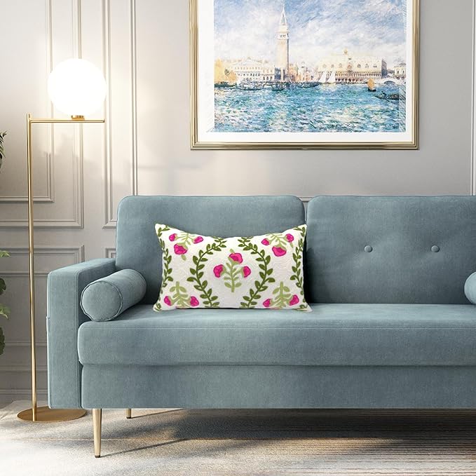 Alysheer Flower Embroidered Summer Decorative Lumbar Throw Pillow Cover 12"x 20", Farmhouse Cottage Hot Pink Floral Green Leaves Patterned Cotton Canvas Cushion Case for Sofa Couch Bed Living Room