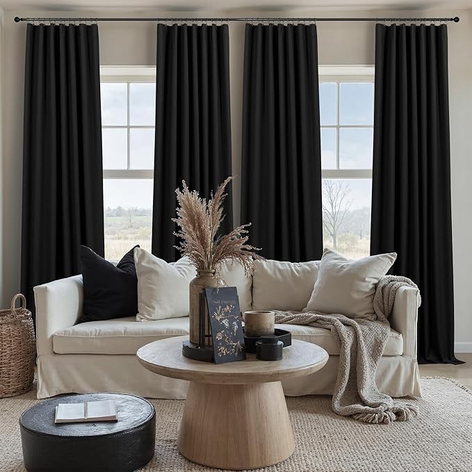 Black Linen Blackout Curtains for Living Room 96 Inches Long 2 Panels Set Back Tab Pleated Textured Thick Drapes Thermal Curtain for Summer Heat Floor Length Bedroom Black Out Curtain Modern Farmhouse