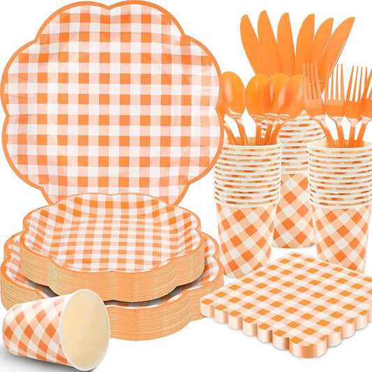 350 Pcs Orange and White Gingham Party Supplies - Orange Gingham Paper Plates and Napkins Sets Serve 50 - Scalloped Checkered Plates for Birthday Picnic Fall Halloween Thanksgivng Party Decorations
