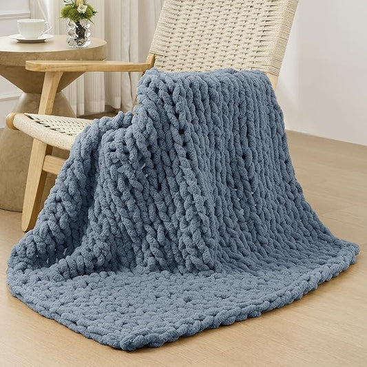 Bigacogo Chunky Knit Throw Blanket for Couch, 40x40 inches, 100% Hand Knitted with Thick Jumbo Chenille Yarn, Cozy Soft Large Rope Knot Cable Crochet Blankets for Sofa Bed Living Room, Cold Sea Blue