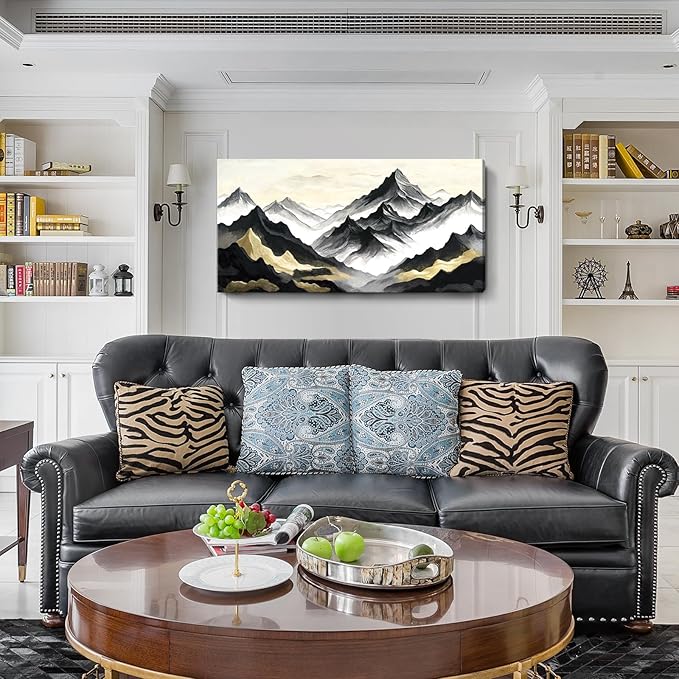 amatop Large Abstract Mountain Wall Art for Living Room Office Bedroom Modern Landscape Canvas Art Print Inspirational Artwork Horizontal Black Gold and White Nature Picture Wall Decor 48x24 Inch
