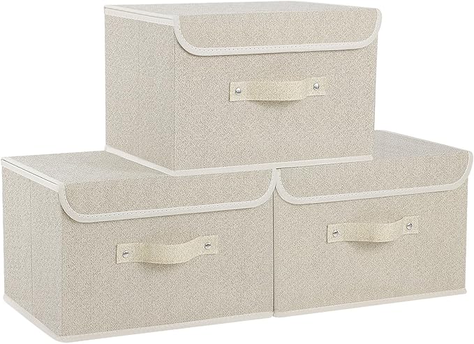 Fabric Storage Bins Cube Organizers with Flip-Top Lid and Handles,Storage Boxes for Organizing Home,Office,and Closet,Grey and Beige,3 Pack 13 X 9.1 X 7.9 in
