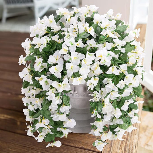 Faux Bougainvillea Artificial Flowers Plants for Outdoors Outside Decoration, 2 PCS White Fake Flowers UV Resistant Look Real Silk Long Trailing Vines for Front Door Porch Planter Patio Garden Yard