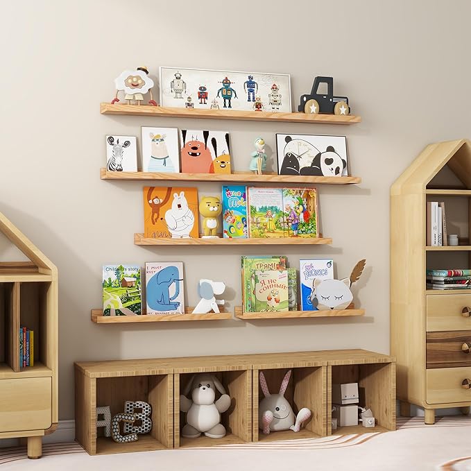 Floating Picture Ledge Shelves 36 Inch Solid Oak Wood Set of 2, Rustic Wall Storage Shelves with Lip, Kids Bookshelf, Photo & Picture Ledge Shelves for Bedroom, Living Room, Kitchen