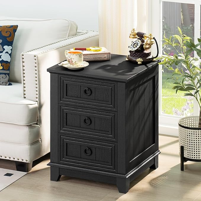 18" Farmhouse Night Stand with 3 Drawers, Wood End Table Dresser for Bedroom, Black Nightstand, Bed Side Table with Metal Handle, Bedside Cabinet for Bedroom Living Room, Closet