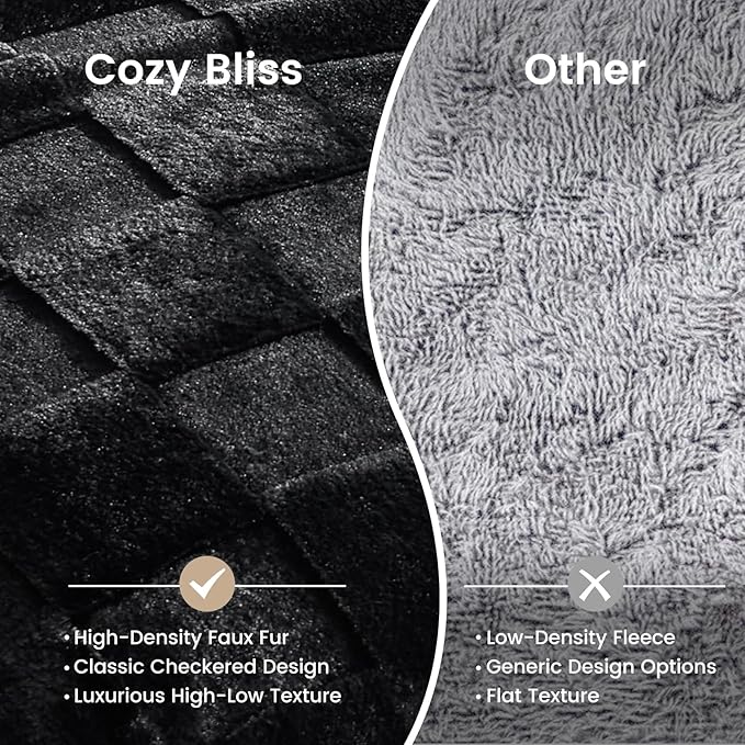 Cozy Bliss Checkered Large Faux Rabbit Fur Black Twin Bed Blanket, Soft Fuzzy Fluffy Minky Furry Plush Blankets for Couch, Bed, Adults (60 * 80 Inches Black)