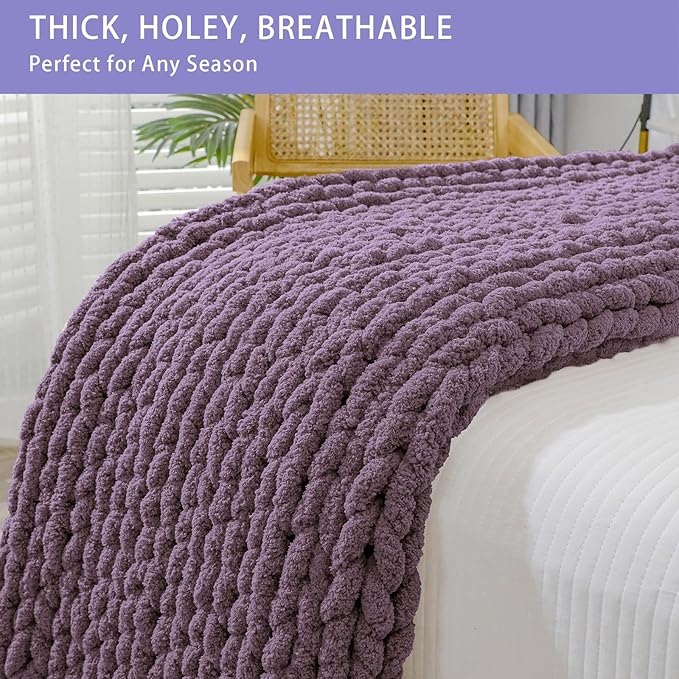 Bigacogo Chunky Knit Throw Blanket for Couch, 51x63 inches, 100% Hand Knitted with Thick Jumbo Chenille Yarn, Cozy Soft Large Rope Knot Cable Crochet Blankets for Sofa Bed Living Room, Winter Grape