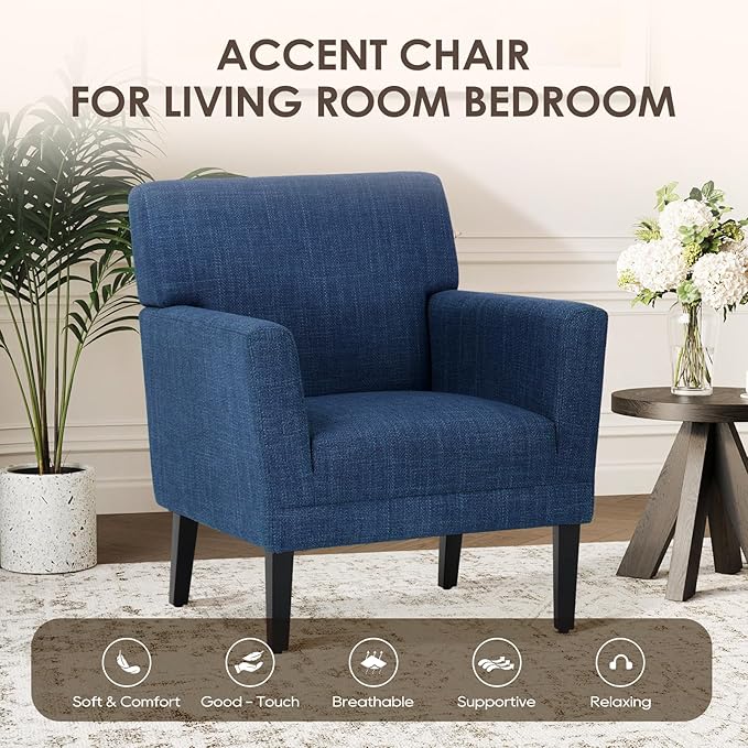 COLAMY Modern Accent Chair for Living Room, Upholstered Fabric Accent Armchair with Back, Soft Single Sofa Chair with Arms for Bedroom/Office/Reception Room, Blue