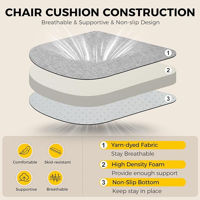 downluxe Indoor Chair Cushions for Dining Chairs, Soft and Comfortable Textured Foam Kitchen Chair Pads with Ties and Non-Slip Backing, 16" x 16" x 2", Light Grey, 4 Pack