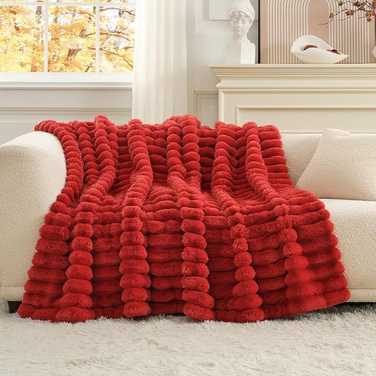 Cozy Bliss Faux Fur Throw Blanket for Couch, Cozy Warm Plush Striped Blanket for Sofa Bedroom Living Room,60 * 80 Inches Cardinal Red