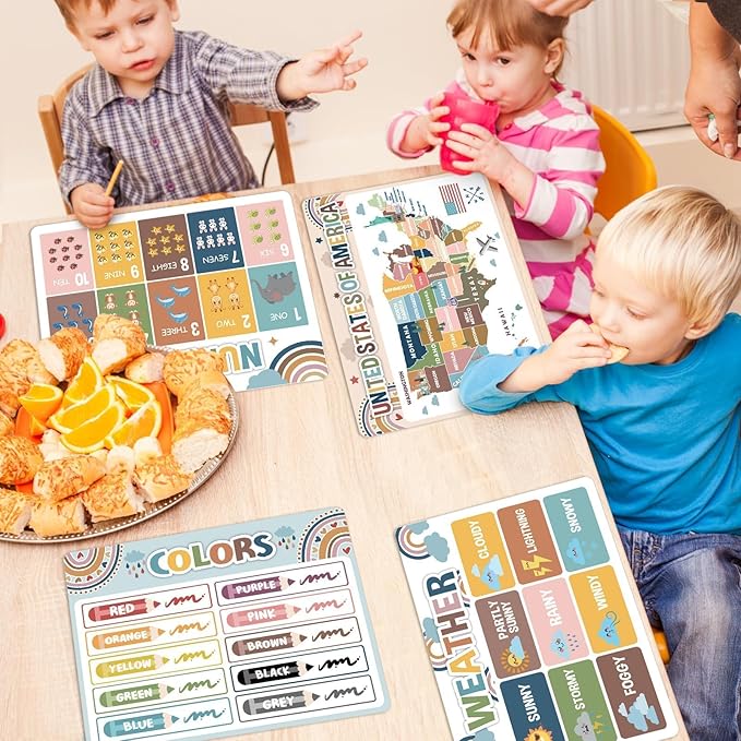 Educational Preschool Kids Placemats Set of 6 Boho Plastic Table Mats Toddler Children Montessori Place Mats for Kids Washable Holiday Desk Decoration for Indoor Outdoor Party Kitchen Dining Table