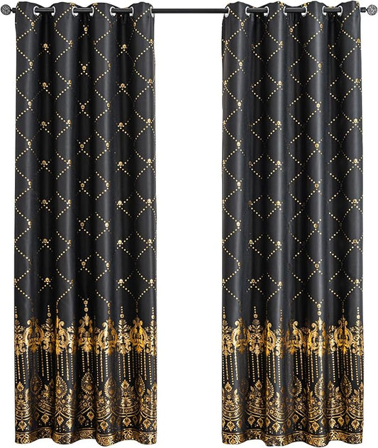 Grommets Blackout Long Window Curtains Black Gold-52W*95L 2PCS Drapes for Bedroom