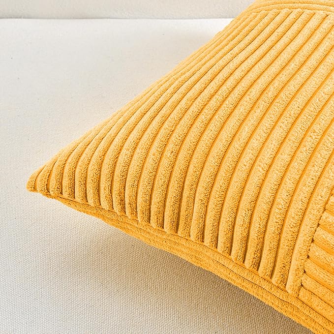 Fancy Homi 2 Packs Gold Yellow Lumbar Decorative Throw Pillow Covers 12x20 Inch for Couch Bed Sofa, Rustic Farmhouse Boho Spring Home Decor, Soft Striped Corduroy Rectangle Accent Cushion Case 30x50cm