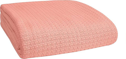BELIZZI HOME 100% Cotton Bed Blanket, Breathable Bed Blanket Twin Size, Cotton Thermal Blankets Twin, Perfect for Layering Any Bed for All Season, Peach