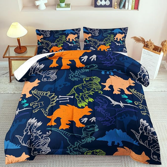 Blue Dinosaur Comforter Set Queen Boys,Cute Dinosaur Bedding Set Queen for Kids,Kawaii Dragon Comforter Blue Bedroom Decor,Cute Animal Bedding Kawaii Animal Quilt Boys