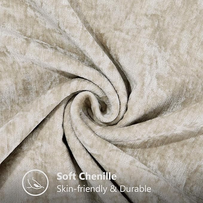 decorUhome Chenille Soft Throw Pillow Covers 12x20 Set of 2, Lumbar Velvet Farmhouse Neutral Decorative Euro Pillow Covers with Stitched Edge for Couch Sofa Bed Home Decor, Beige