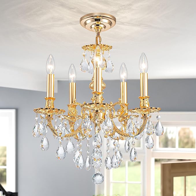 French K9 Crystal Maria Theresa Chandeliers, Luxury Vintage Pendant Light Fixture for Dining Room, Living Room, D17.7*H25~72 inch (Adjustable), Clear Crystal & Brass Finish Frame