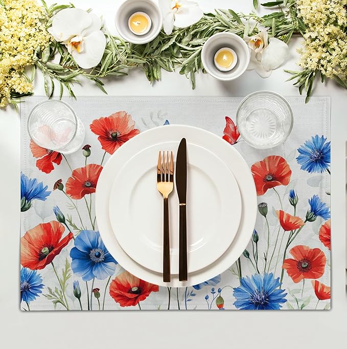 4th of July Floral Placemats Set of 4 Patriotic Summer Red Blue Flowers Linen Fabric Table Mats America Memorial Day Independence Day Place Mats for Party Kitchen Dining Decoration