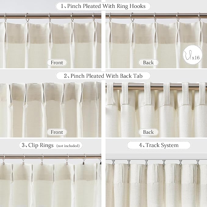 FMFUNCTEX Pinch Pleated Curtains 84 Inches Long for Living Room, Ivory Semi Sheer Faux Linen Textured Pleat Drapes for Bedroom with Hooks, Light Filtering Farmhouse Window Drapes 2 Panels