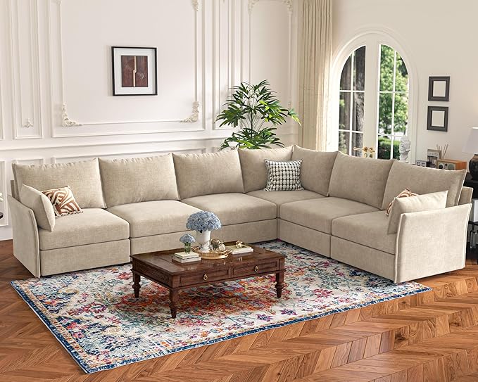 136.4" Oversized Modular Sectional Sofa, U Shaped Convertible Couch with Movable Ottoman, Large 7 Seat Corner Couches for Living Room Deep Seat Beige Chenille