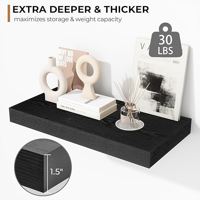 Fun Memories 16 Inch Floating Shelves - Deep Rustic Black Wooden Wall Shelves - Extra Deeper & Thicker Wall Mounted Storage Shelf for Bedroom, Kitchen, Farmhouse - 2 Pack, Rustic Black