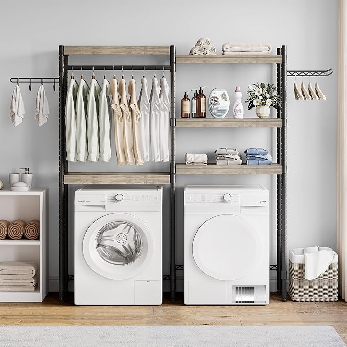 Double Row Over Washer and Dryer Storage Shelves, Laundry Room Organization and Storage, Heavy Duty Laundry Room Shelves, with Adjustable Height, 5-Tier