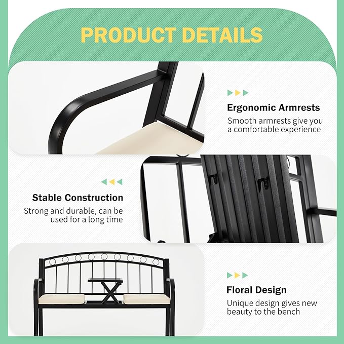 AVAWING Outdoor Metal Garden Bench, 2-Seat Patio Porch Bench with Steel Frame, Park Bench w/Pullout Middle Table＆ Cushion for Backyard Lawn Deck Entryway, Black