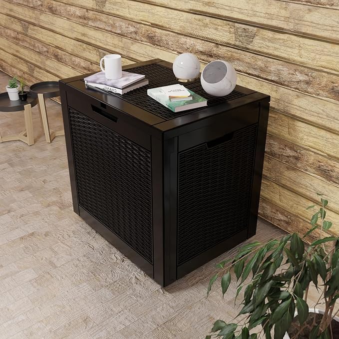 36 Gallon Outdoor Deck Box,Storage Lockable Waterproof Patio Furniture,Garden Tools,Cushions,Pool Accessories Outside Storage Resin Box(Black Pattern)