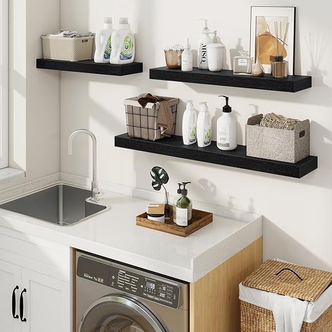 fuqing Floating Shelves for Wall, Bathroom Shelf Wall Mounted for Storage, Shelves with Invisible Bracket for Bedroom, Kitchen, Living Room, Farmhouse Small Book Shelf, 36 Inch Set of 2, Black