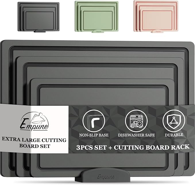 Empune Plastic Cutting Board Set, Recycled Plastic Cutting Boards for Kitchen (Set of 3), Dishwasher Safe Large Chopping Board with Holder, Non-slip Feet and Juice Grooves, Nonporous, Grey