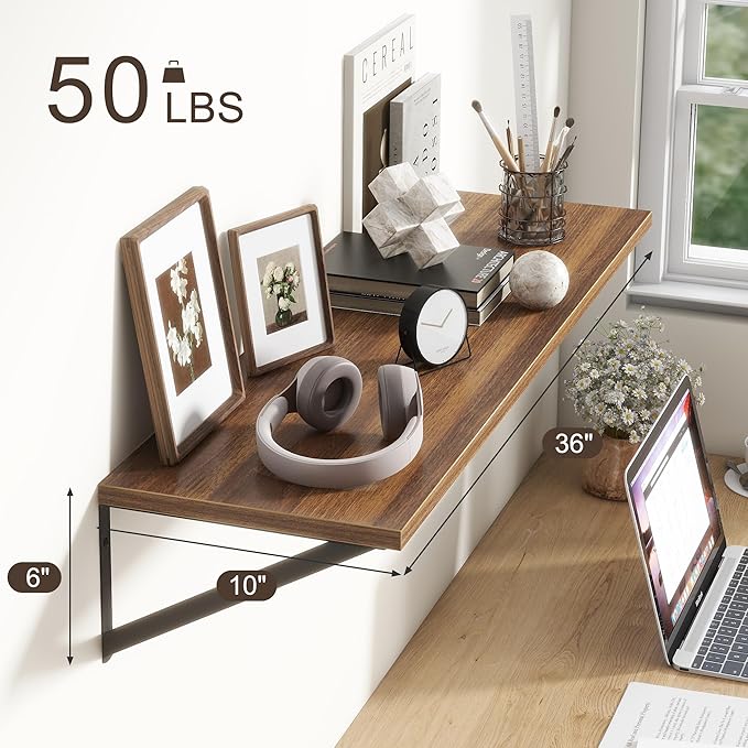 36"W x 10"D Floating Shelves, 10 Inch Deep Walnut Floating Shelves, Farmhouse Rustic Deep Wall Shelves for Home Decor, Wide Large Floating Shelf for Bathroom, Living Room, Kitchen, Study Room