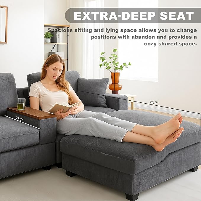 120.3" Modern L-Shaped Sectional Sofa with 360°Swivel Drop-Down Table, Storage Armrest, USB Ports & Movable Storage Ottoman – Plush Linen Cloud Couch for Lounge (Grey)