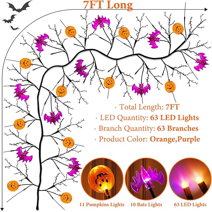 7 Ft 63 LED Halloween Willow Vine Twig Garland with 8 Modes Timer Orange Purple 21 Pumpkin Bats Lights,Halloween Garland with Waterproof Battery Operated for Indoor Wall Fireplace Decorations