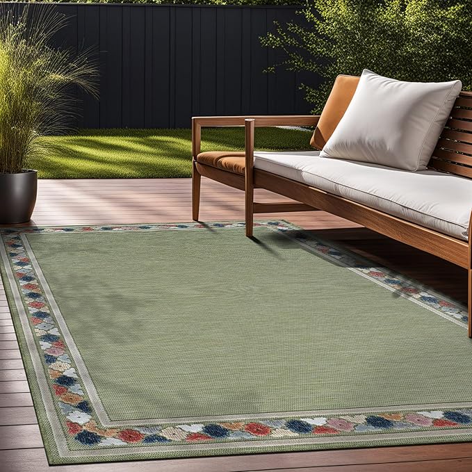 Beverly Rug Outdoor Rug 8x10 Modern Bordered Area Rugs for Indoor and Outdoor Patio Easy to Clean Non Shedding Living Room Porch Garden Washable Outside Carpet (8 x 10 Green)