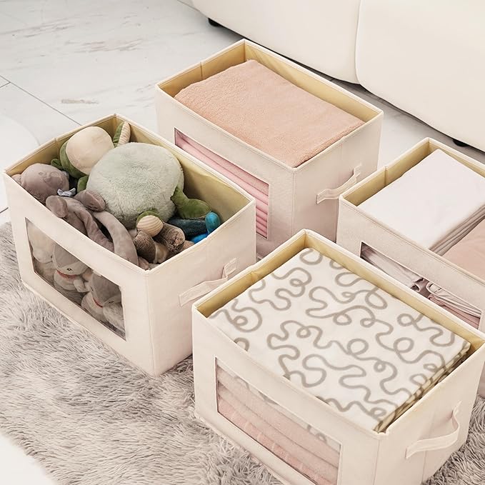 Citylife 3 Pack Storage Bins with Lids, Fabric Foldable Storage Bins with Soft Cord Handles, Canvas Storage Bin with Lid for Organizing Clothes, Blankets and Books, Beige