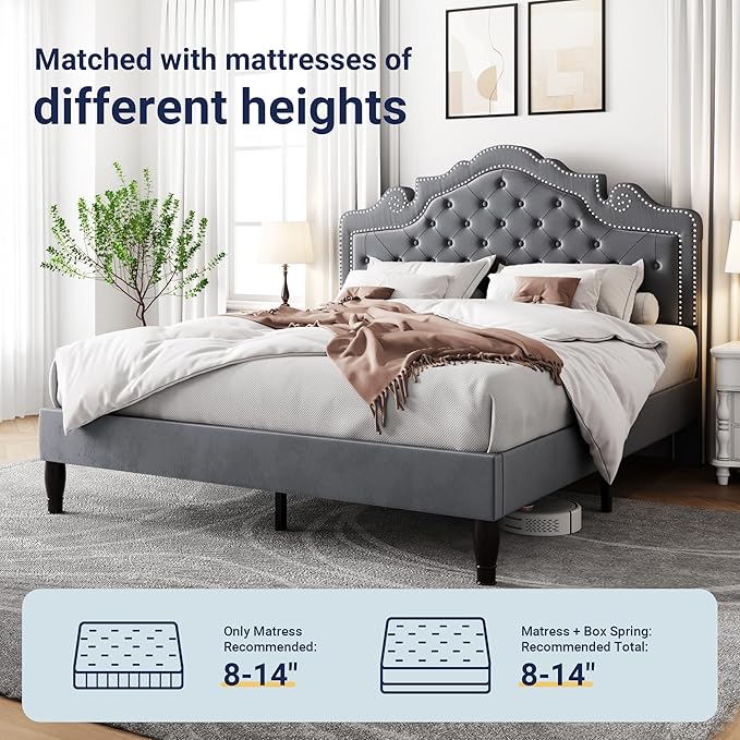 Allewie Full Size Bed Frame with Adjustable Velvet Tiara Headboard, Upholstered Diamond Button Tufted Platform Bed, Wood Slats Support, No Box Spring Needed, Light Grey