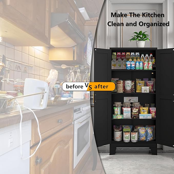 61" Balck Metal Kitchen Storage Cabinet, Kitchen Pantry Storage Cabinet with Doors and Shelves, Storage Cabinet with Adjustable Leveling Foot for Kitchen, Living Room and Dining Room