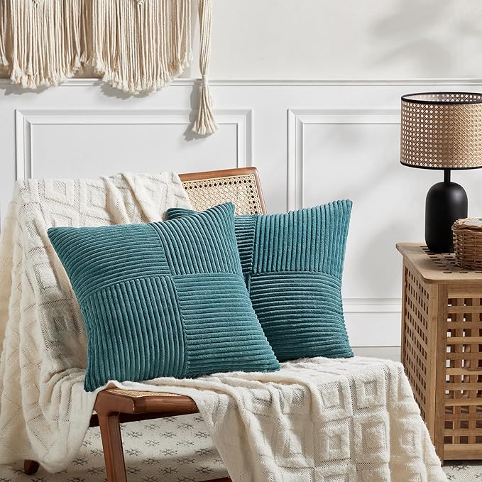 Fancy Homi 2 Packs Teal Decorative Throw Pillow Covers 18x18 Inch for Living Room Couch Bed Sofa, Rustic Farmhouse Boho Home Decor, Soft Corss Corduroy Patchwork Textured Square Cushion Case 45x45 cm