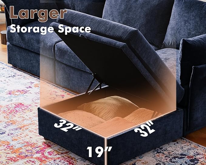 102.6" U Shaped Modular Sectional Sofa, 5 Seater Couch with Storage Ottoman Deep Seat and High Backrest with Removable Cover for Living Room, Apartment - Chenille Blue