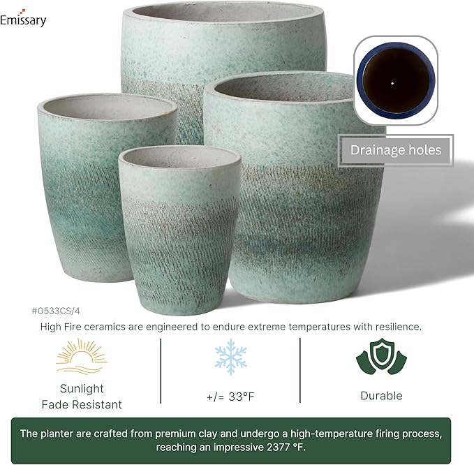 Emissary Home and Garden Bullet 12in., 14in., 15.5in., 21in. H Coastal Splash Ceramic Round Planters with Drainage Hole (Set of 4)