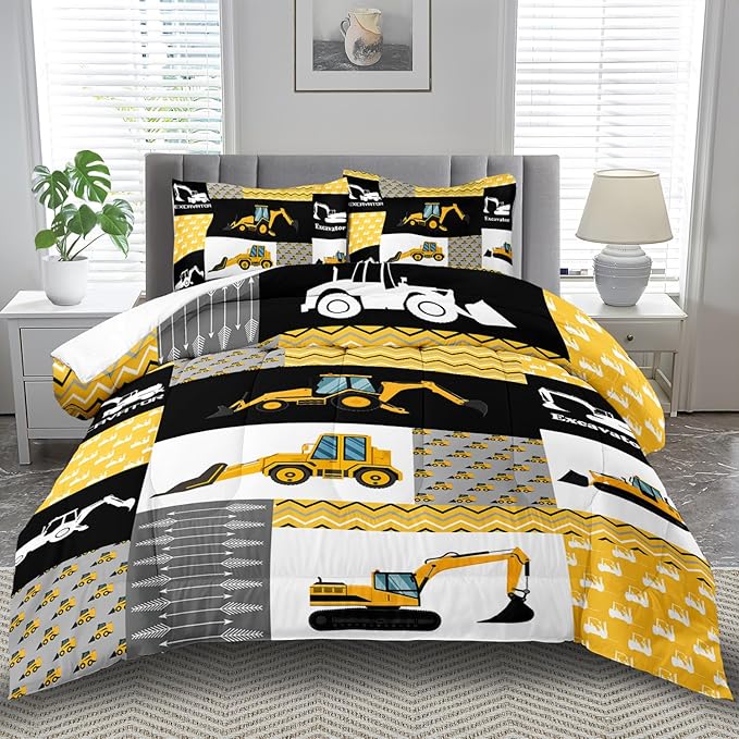 Construction Comforter Set Full Boys,Yellow Full Construction Bedding Set,Engineering Vehicles Comforter Yellow Bedroom Decor Kids,Truck Quilt Cartoon Truck Bedding for Teen