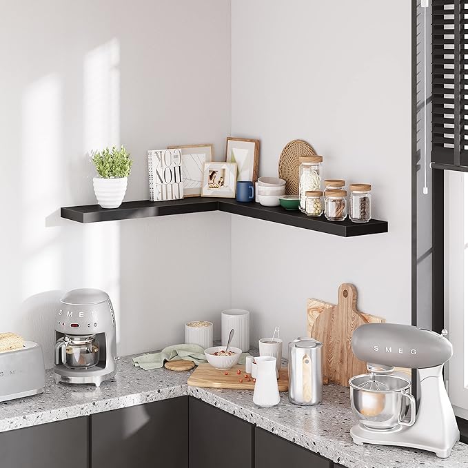 BAMEOS Floating Shelves, 31W x 8D Black Wall Mounted Wooden Shelves with Invisible Brackets Set of 2, Hanging Wall Shelves Decoration for Bedroom, Bathroom, Living Room and Kitchen