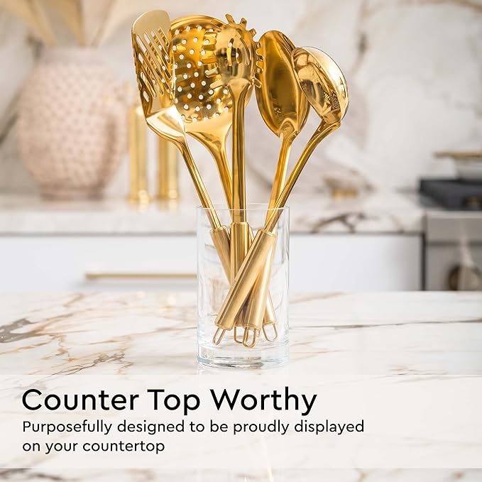 Gold Cooking Utensils Set – 5-Piece Stainless Steel Kitchen Tools for Modern Cooking and Serving – Dishwasher Safe Ladle, Spoon, Spatula, Pasta Fork, Luxury Brass Kitchen Accessories for Home Chefs