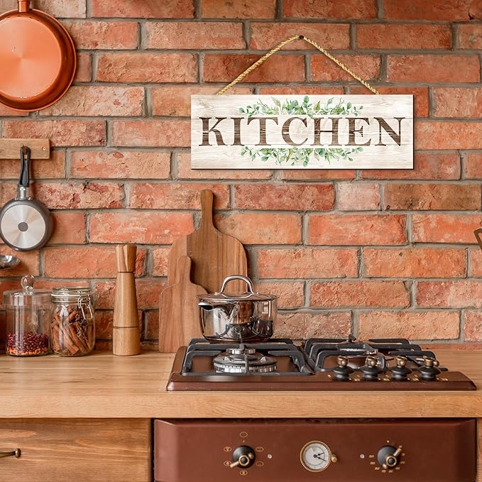 Bathroom Kitchen Laundry Pantry Sign Wall Decor 4 Piece, Wall Art with Plant Print, Rustic Farmhouse Wall Hanging Plaque Home Kitchen Decorative Bathroom, 4.7 x 13.7 inches