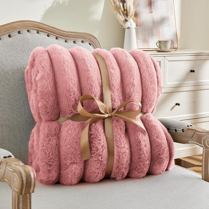 BEDELITE Faux Fur Throw Blanket for Couch, Soft and Cozy Luxurious 3D Striped Pink Fluffy Blanket, 770GSM Thick Warm Plush Fuzzy Faux Rabbit Fur Blanket for Women Gift, 50"x 60"