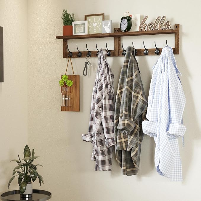 AMBIRD 34.2 inch Wooden Extra-Long Wall Hook Rack with Shelf - Versatile and Decorative Wall-Mounted Storage - 10 Hooks for Hanging Coats, Hats, Scarves - Ideal for Entryways, Bedrooms, Closets
