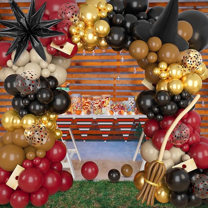 Amandir Magical School Balloons Arch Garland Kit, Maroon Burgundy Black Gold Confetti Balloons with Witch Hat Foil Star Balloon for Magic Themed Birthday Decorations Baby Shower Party Supplies