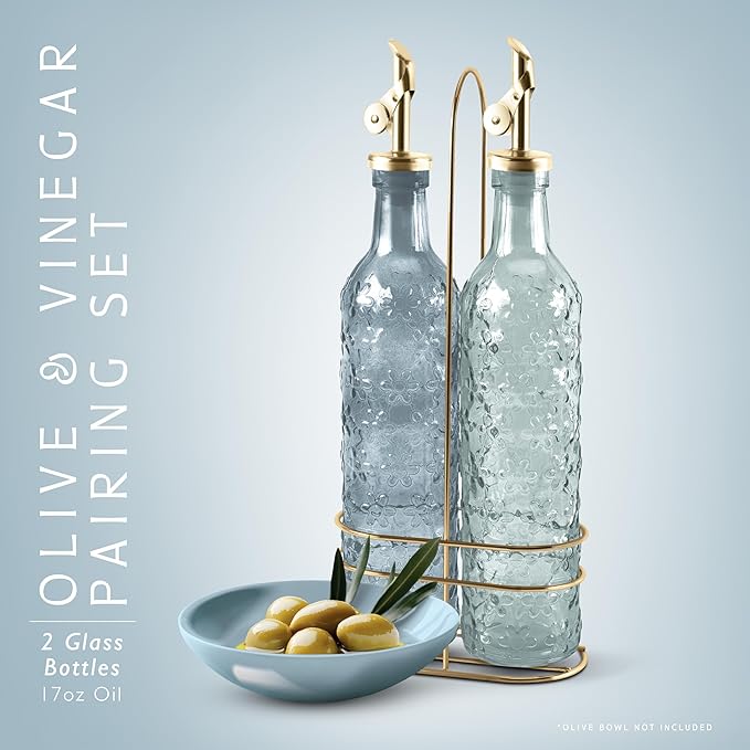 COOK WITH COLOR Glass Olive Oil Bottle Dispenser - 2 Pack- 17oz Oil and Vinegar Cruet - Olive Oil Carafe Decanter for Kitchen