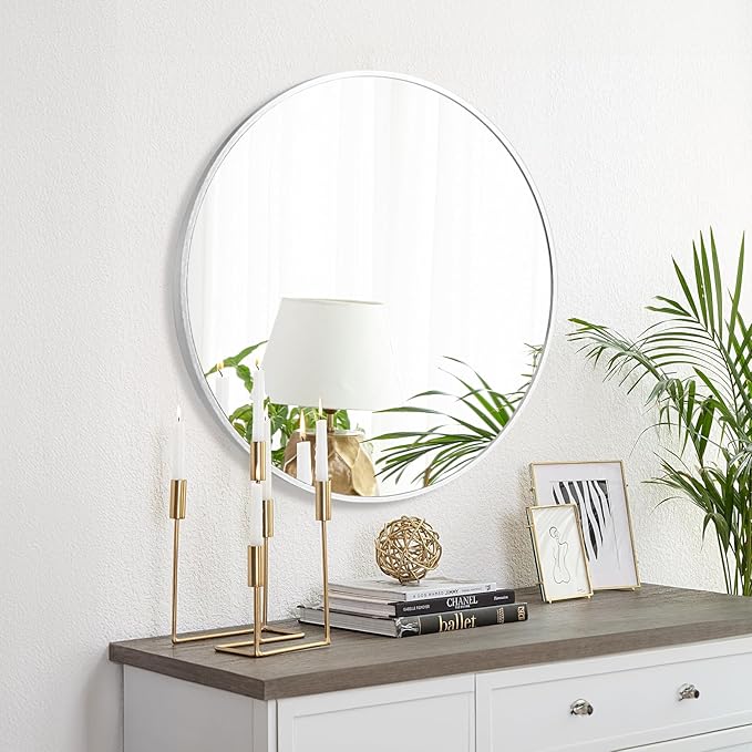 Fabuday Silver Round Mirror 28 Inch - Big Circle Mirror for Bathroom, Living Room, Hallway, Entryway, Matte Aluminum Frame Circular Mirrors for Wall Decor