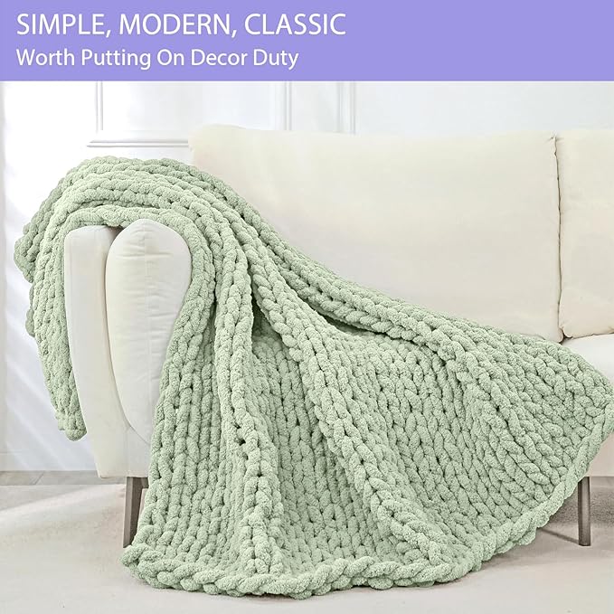 Bigacogo Chunky Knit Throw Blanket for Couch, 40x80 inches, 100% Hand Knitted with Thick Jumbo Chenille Yarn, Cozy Soft Large Rope Knot Cable Crochet Blankets for Sofa Bed Living Room, Sage Green